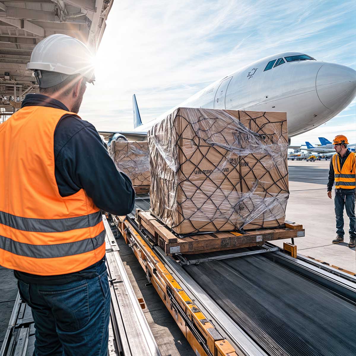 Flughafenmitarbeiter verladen Flugzeug